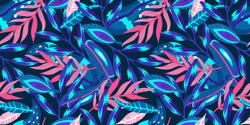 Neon tropic floral seamless pattern on dark background. Floral neon for bright summer design. Tropic jungle in abstract style on purple background.