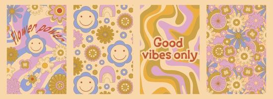 Groovy poster set in cartoon style with slogan and flower daisy. Groovy flower background. Retro 60s 70s psychedelic design. Abstract hippie illustration vector