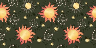 Star celestial seamless pattern with sun and constellations. Magical astrology in vintage boho style. Golden sun with rays and stars. Vector illustration.