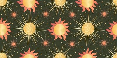 Star celestial seamless pattern with sun. Magical astrology in vintage boho style. Golden sun with rays and stars. Vector illustration