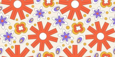 Seamless pattern with retro flowers 70. Psychedelic groovy geometric pattern with flowers. Daisy for hippie background. Flat vector illustration. Psychedelic wallpaper.