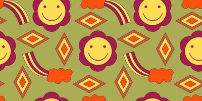 Groovy y2k retro seamless pattern with flower, smile and rainbow. Retro vector illustration. Groovy flower background. Colorful hippie seamless pattern illustration.