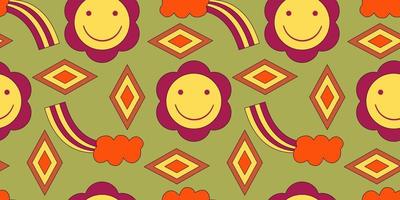 Groovy y2k retro seamless pattern with flower, smile and rainbow. Retro vector illustration. Groovy flower background. Colorful hippie seamless pattern illustration.