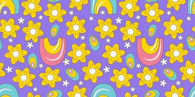 Seamless pattern with retro flowers 70. Psychedelic groovy geometric pattern with flowers. Daisy and rainbow hippie background. Flat vector illustration. Psychedelic wallpaper.