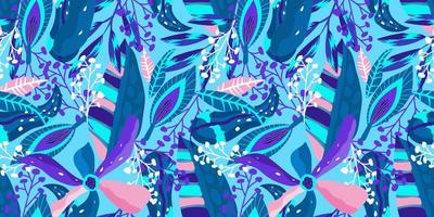 patrón transparente floral tropical de neón sobre fondo azul. neón floral para un diseño de verano brillante. selva tropical en estilo abstracto sobre fondo azul. vector