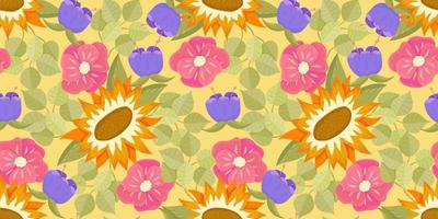Sunflower seamless pattern with flower, leaf. Cartoon yellow illustration. Floral seamless pattern. Summer bright floral design. Vector illustration