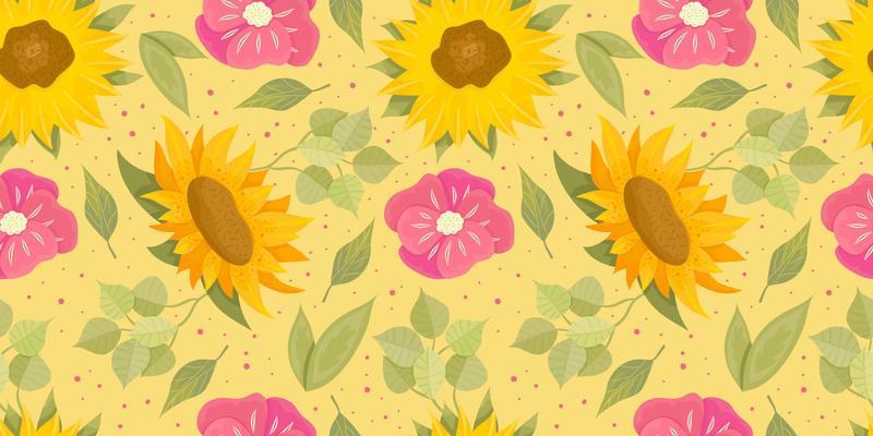 Sunflower seamless pattern with flower, leaf. Cartoon yellow illustration. Floral seamless pattern. Summer bright floral design. Vector illustration