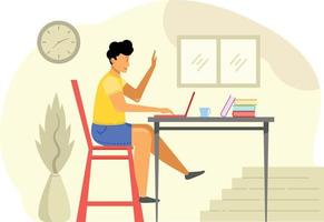 A boy studying and working from home using a laptop flat vector illustration for poster, banner, or presentation