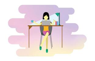 A girl working and studying from home using a laptop vector