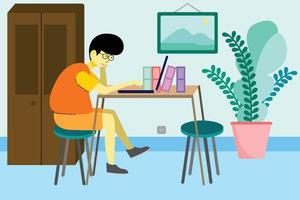 A boy studying from home using a laptop vector