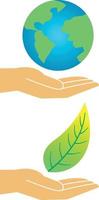 Earth and leaf on a hand vector design for earth day graphic element