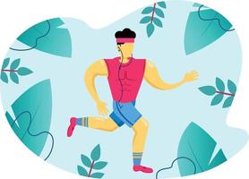 Morning jogging flat vector illustration. A man running in the nature while listening to music