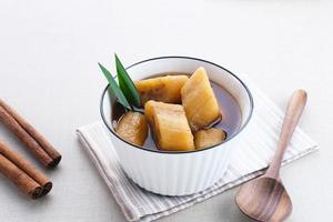 Setup Pisang is Indonesian traditional dessert made of banana, palm sugar boiled with cinnamon, pandan leaves and cloves. photo