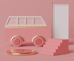 3d geometric forms. Cylinder podium in coral pink color. Fashion show stage,pedestal, shopfront with van car . Minimal scene for  product display. photo