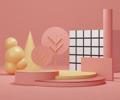 3d geometric forms. Cylinder podium in coral pink color. Fashion show stage,pedestal, shopfront with colorful theme. Minimal scene for  product display. photo