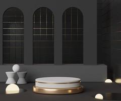 3d geometric forms. White marble podium. Fashion show stage,pedestal, with dark luxury modern room. Minimal scene for  product display. photo