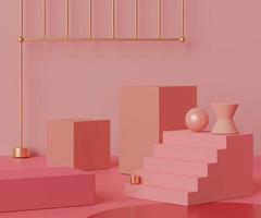 3d geometric forms. Podium in coral pink color and arch. Fashion show stage,pedestal, shopfront with colorful theme. Minimal scene for  product display. photo