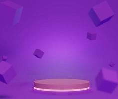 3d abstract minimalist geometric forms. Neon scene with cube that floating on the air and podium for your design. Fashion show stage,pedestal, shopfront with purple theme. photo