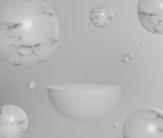 Formas geométricas mínimas abstractas 3d. podio de lujo de mármol blanco brillante con bolas que flotan en el aire para su diseño. foto