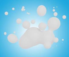 Render 3D de salpicaduras de leche aisladas sobre fondo azul. gotas de fluidos, pompas de jabón, gotas que flotan en el aire. foto