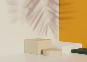 3d geometric forms. Empty stand podium in white orange color. Fashion show stage,pedestal, shopfront with shadow of palm leaves. photo