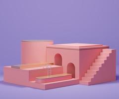 3d geometric forms.Arch podium in coral pink color. Building show stage,pedestal, shopfront with colorful theme. Minimal scene for  product display. photo