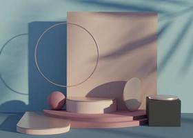 3d geometric forms. Podium in coral pink color. Pedestal with shadow of palm leaves. Minimal scene for  product display. photo