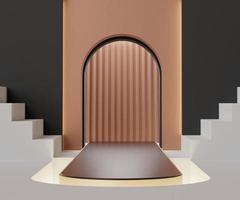 3d geometric forms. Podium in dark brown color. Fashion show stage,pedestal, shopfront with colorful theme. Minimal scene for  product display. photo