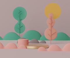 3d geometric forms. Podium in coral pink color. Fashion show stage pedestal with tree and grassland theme. Minimal scene for  product display. photo