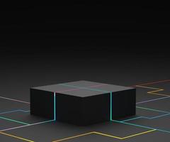 3d geometric forms. Black Box podium with neon light in dark theme. Minimal scene for  product display. photo