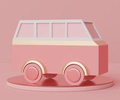 Representación 3d de un coche de furgoneta retro en estilo de dibujos animados que se muestra en el podio del escenario con color de arrecife de coral. foto
