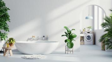 interior de baño en habitación blanca con bañera y lavadora en pared blanca.