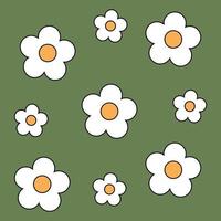 1970 trippy pattern daisy. White daisies on green background. 70s vibes floral background. Groovy hand drawn vector illustration.