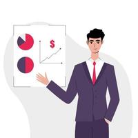 Financial expert concept flat. Young man in a suit stands in front of a board with graphs and charts. Template for design on a white background. Vector illustration in flat style.