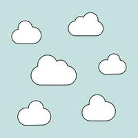 1970 trippy pattern cloud. White clouds on a light blue background. 70s vibes background. Groovy hand drawn vector illustration.