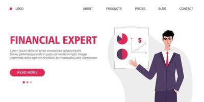 Financial expert concept flat. Landing page template. Young man stands in a suit in front of a board with graphs and charts. Vector illustration in flat style.