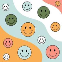 1970 trippy pattern smile. Different colorful smiles on a wavy background. 70s vibes background. Groovy hand drawn vector illustration.