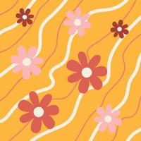 Pattern groovy trippy daisy. Daisies and lines on orange background. 70s vibes floral background. Hand drawn vector illustration, flat style.