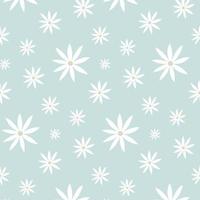 Pattern groovy trippy daisy. Daisies and lines on light blue background. 70s vibes floral background. Hand drawn vector illustration in flat style.