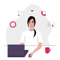 concepto de mujer multitarea plana. mujer joven que trabaja en una computadora. ilustración vectorial en estilo plano. vector