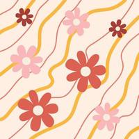 Pattern groovy trippy daisy. Daisies and lines on light pink background. 70s vibes floral background. Hand drawn vector illustration, flat style.