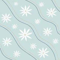 Pattern groovy trippy daisy. Daisies and lines on light blue background. 70s vibes floral background. Hand drawn vector illustration in flat style.