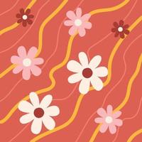 Pattern groovy trippy daisy. Daisies and lines on red background. 70s vibes floral background. Hand drawn vector illustration, flat style.