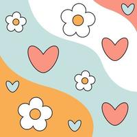 1970 trippy pattern daisy. White daisies and pink hearts on colorful background. 70s vibes floral background. Groovy hand drawn vector illustration.