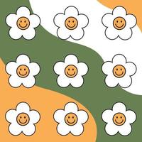 1970 trippy pattern daisy. White daisies with smiled faces on colorful background. 70s vibes floral background. Groovy hand drawn vector illustration.