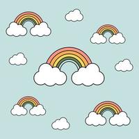 1970 trippy pattern rainbow. Colorful rainbow and white clouds on a light blue background. 70s vibes background. Groovy hand drawn vector illustration.