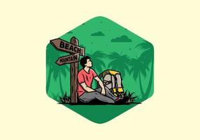 Man sit on the ground beside the way sign beach and mountain illustration vector