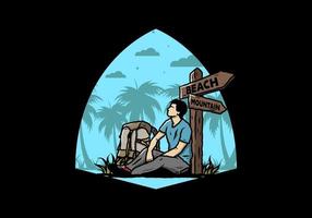 Man sit on the ground beside the way sign beach and mountain illustration vector