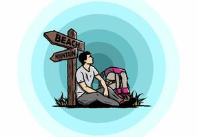 Man sit on the ground beside the way sign beach and mountain illustration vector