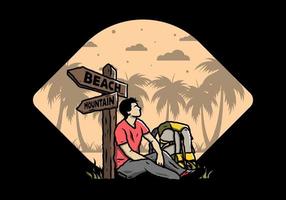 Man sit on the ground beside the way sign beach and mountain illustration vector